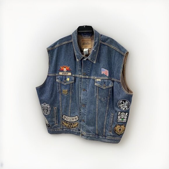 Levi Strauss Vtg Men Blue Denim Vest w Multi Themed Patchwork Sz 4XL Biker - Picture 1 of 6